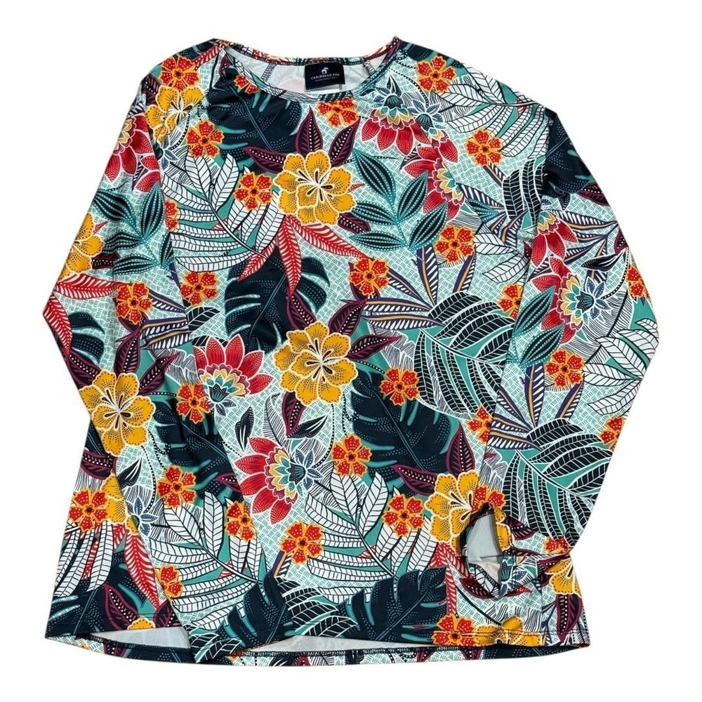 Caribbean Joe Shirt Womens Large Multicolor Tropical Floral Long Sleeve Pullover